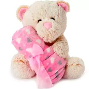 12"Gray Sitting Bear Plush & Heart Blanket Set Valentine Bear Plush with Blanket